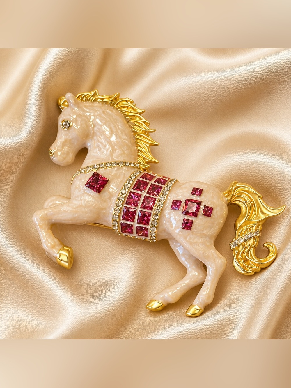 Catwalk Jon Gold-Tone Cream & Fuchsia Horse Brooch with Crystal Accents